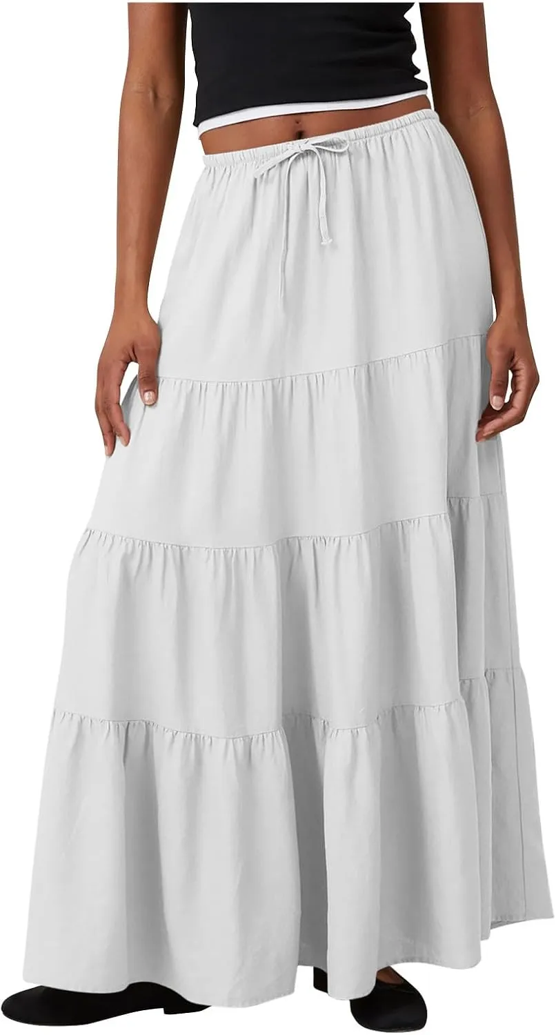 Maxi Skirts for Women Elastic Drawstring Waist Tiered Flowy Pleated Skirts Vacation Summer Solid Ruched Boho Skirt
