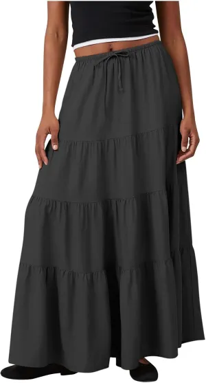 Maxi Skirts for Women Elastic Drawstring Waist Tiered Flowy Pleated Skirts Vacation Summer Solid Ruched Boho Skirt