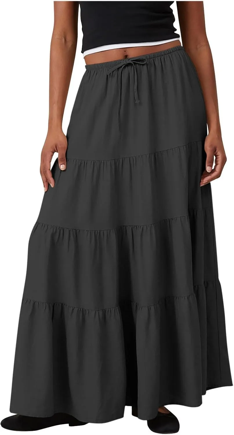 Maxi Skirts for Women Elastic Drawstring Waist Tiered Flowy Pleated Skirts Vacation Summer Solid Ruched Boho Skirt