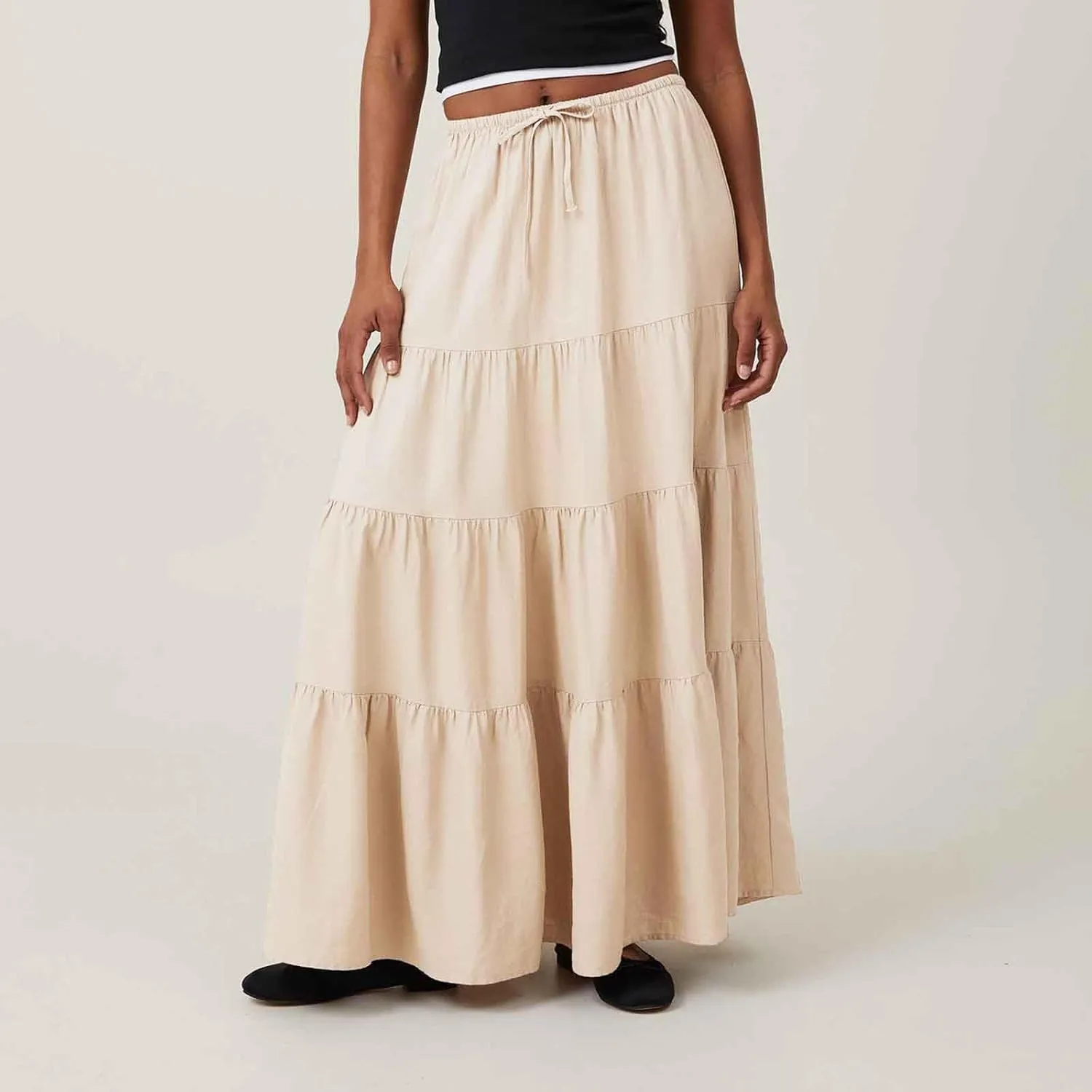 Maxi Skirts for Women Elastic Drawstring Waist Tiered Flowy Pleated Skirts Vacation Summer Solid Ruched Boho Skirt