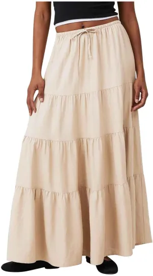 Maxi Skirts for Women Elastic Drawstring Waist Tiered Flowy Pleated Skirts Vacation Summer Solid Ruched Boho Skirt