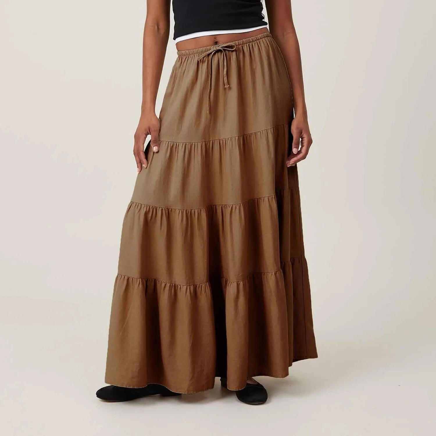 Maxi Skirts for Women Elastic Drawstring Waist Tiered Flowy Pleated Skirts Vacation Summer Solid Ruched Boho Skirt