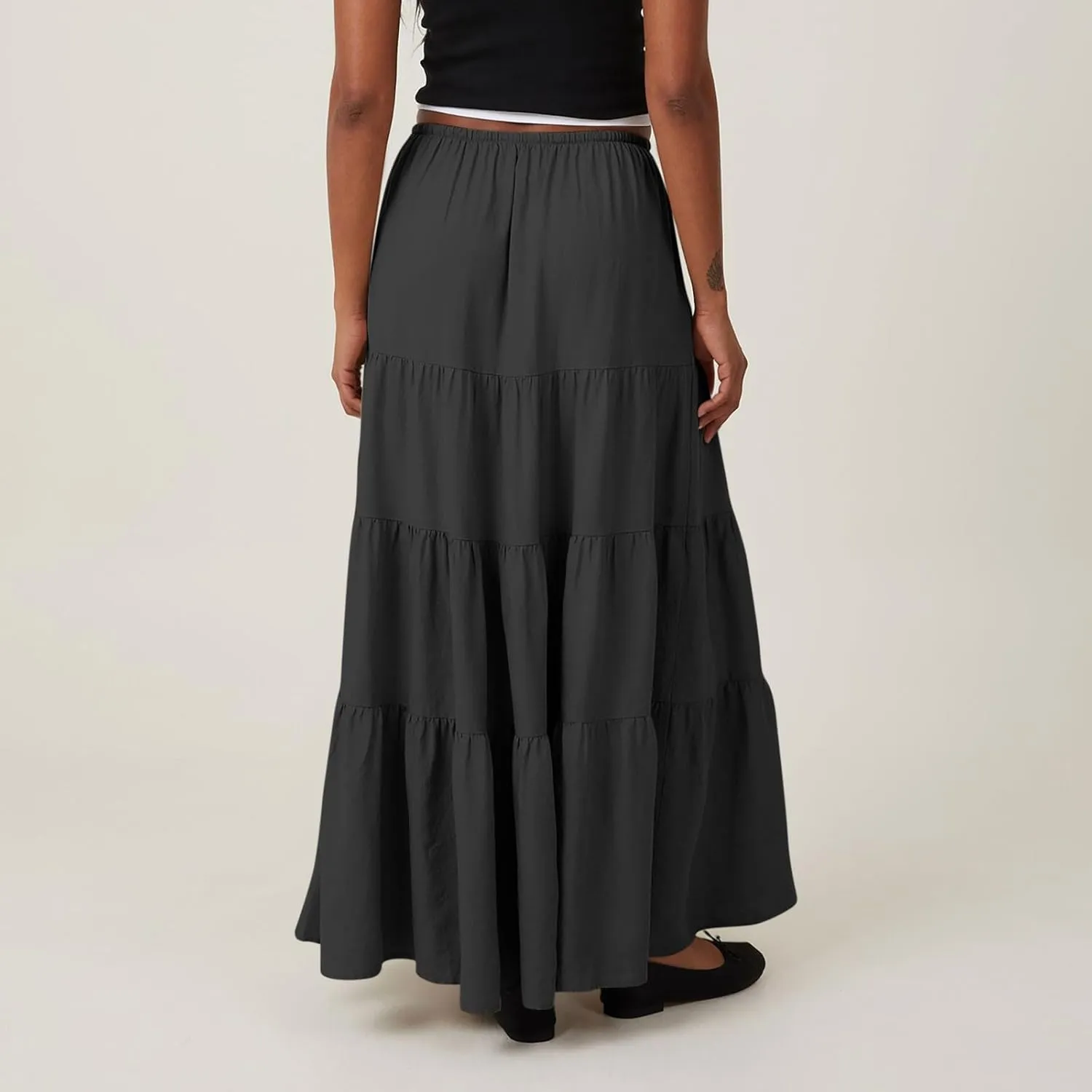 Maxi Skirts for Women Elastic Drawstring Waist Tiered Flowy Pleated Skirts Vacation Summer Solid Ruched Boho Skirt