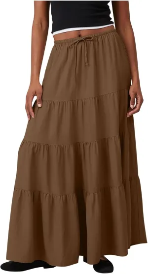 Maxi Skirts for Women Elastic Drawstring Waist Tiered Flowy Pleated Skirts Vacation Summer Solid Ruched Boho Skirt