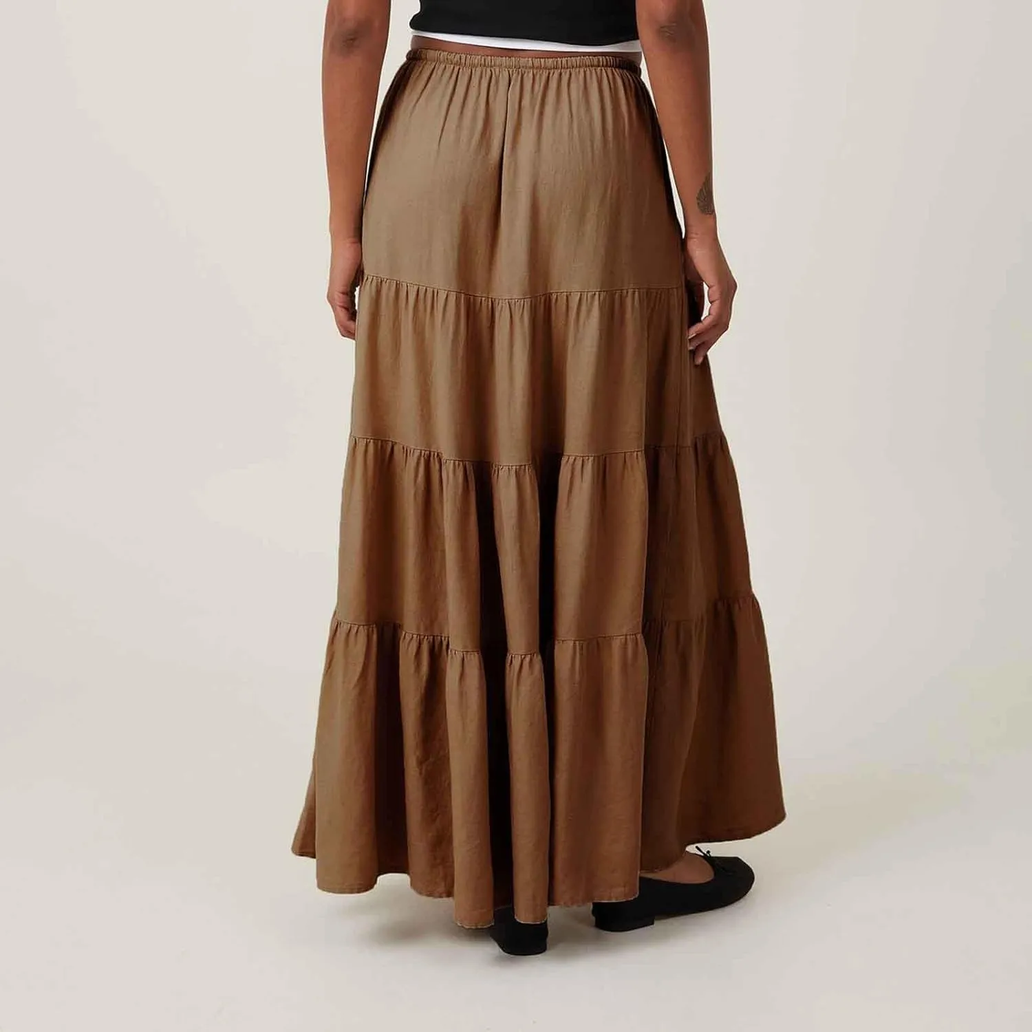 Maxi Skirts for Women Elastic Drawstring Waist Tiered Flowy Pleated Skirts Vacation Summer Solid Ruched Boho Skirt