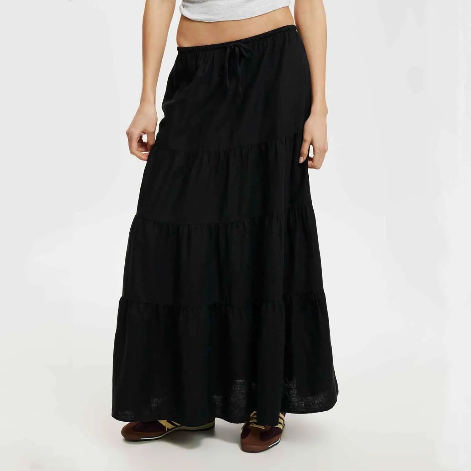 Maxi Skirts for Women Elastic Drawstring Waist Tiered Flowy Pleated Skirts Vacation Summer Solid Ruched Boho Skirt