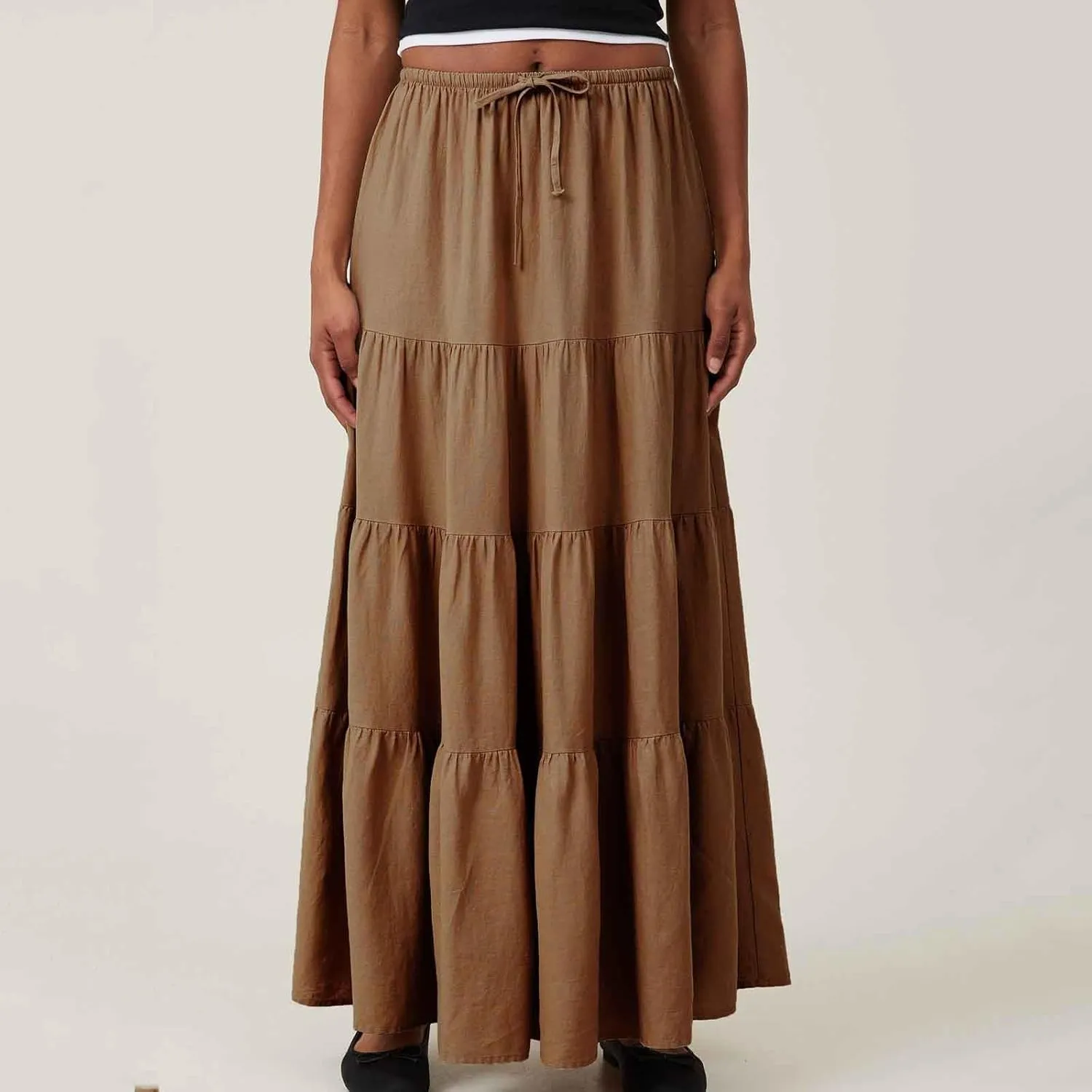 Maxi Skirts for Women Elastic Drawstring Waist Tiered Flowy Pleated Skirts Vacation Summer Solid Ruched Boho Skirt