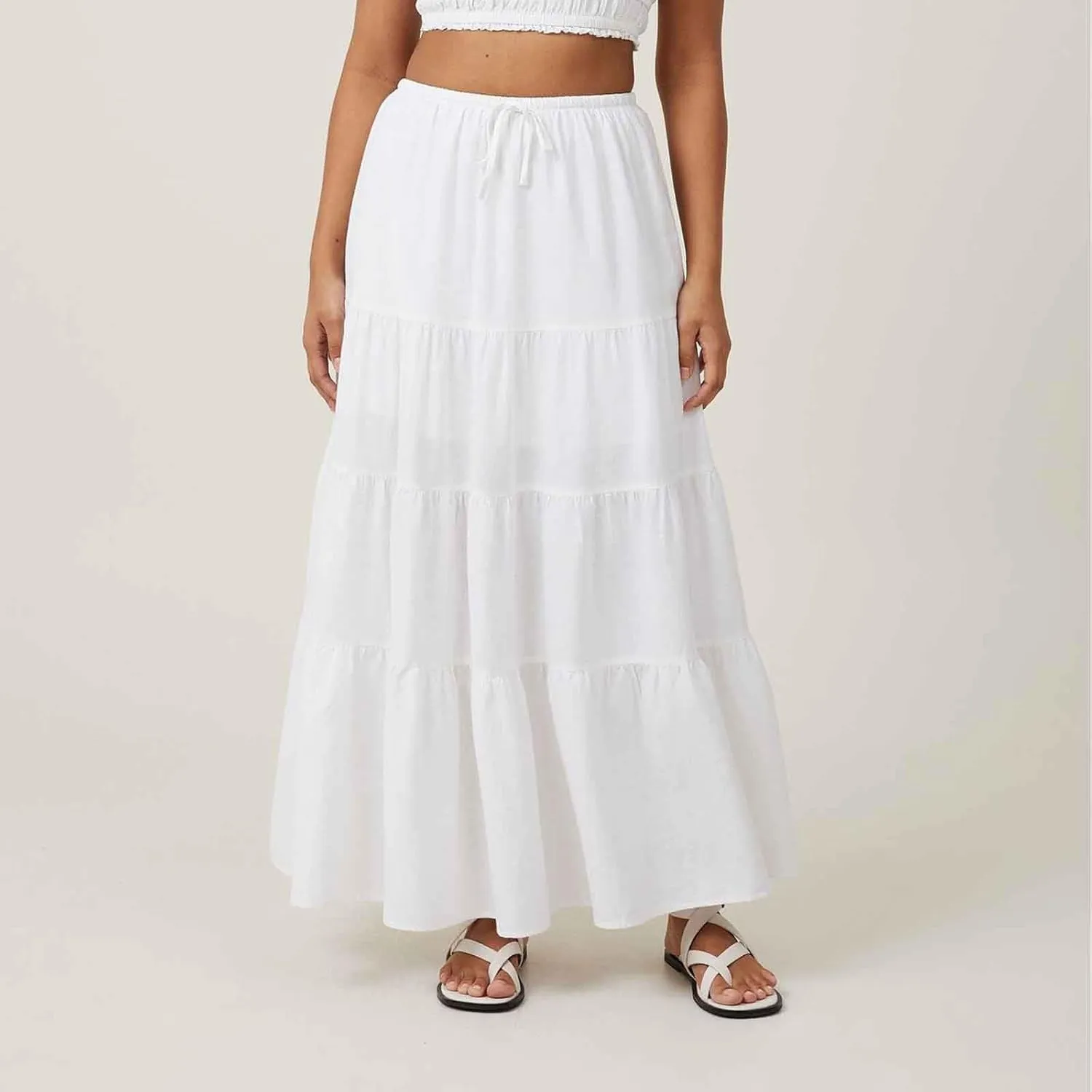 Maxi Skirts for Women Elastic Drawstring Waist Tiered Flowy Pleated Skirts Vacation Summer Solid Ruched Boho Skirt