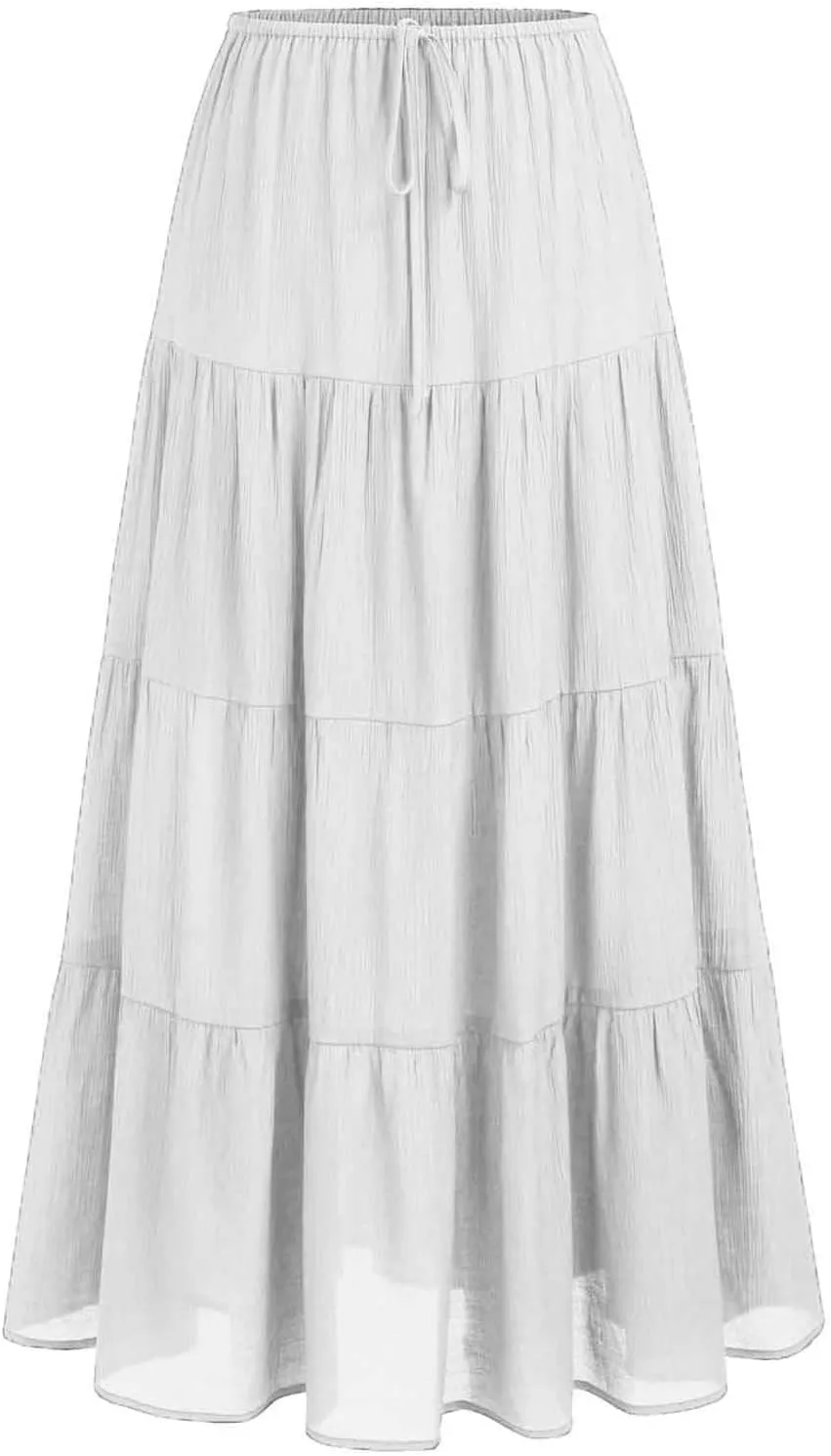 Maxi Skirts for Women Elastic Drawstring Waist Tiered Flowy Pleated Skirts Vacation Summer Solid Ruched Boho Skirt