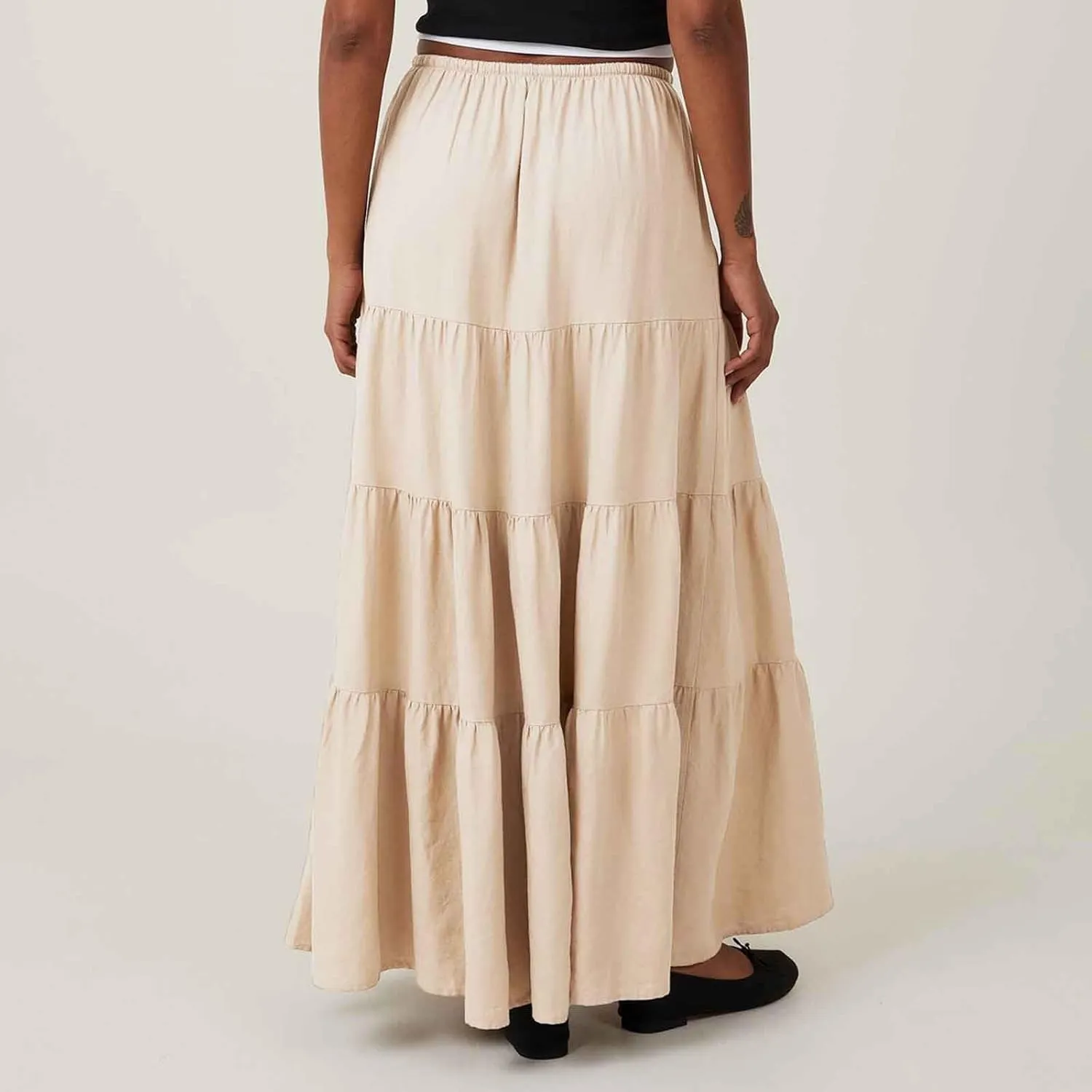 Maxi Skirts for Women Elastic Drawstring Waist Tiered Flowy Pleated Skirts Vacation Summer Solid Ruched Boho Skirt