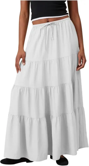 Maxi Skirts for Women Elastic Drawstring Waist Tiered Flowy Pleated Skirts Vacation Summer Solid Ruched Boho Skirt