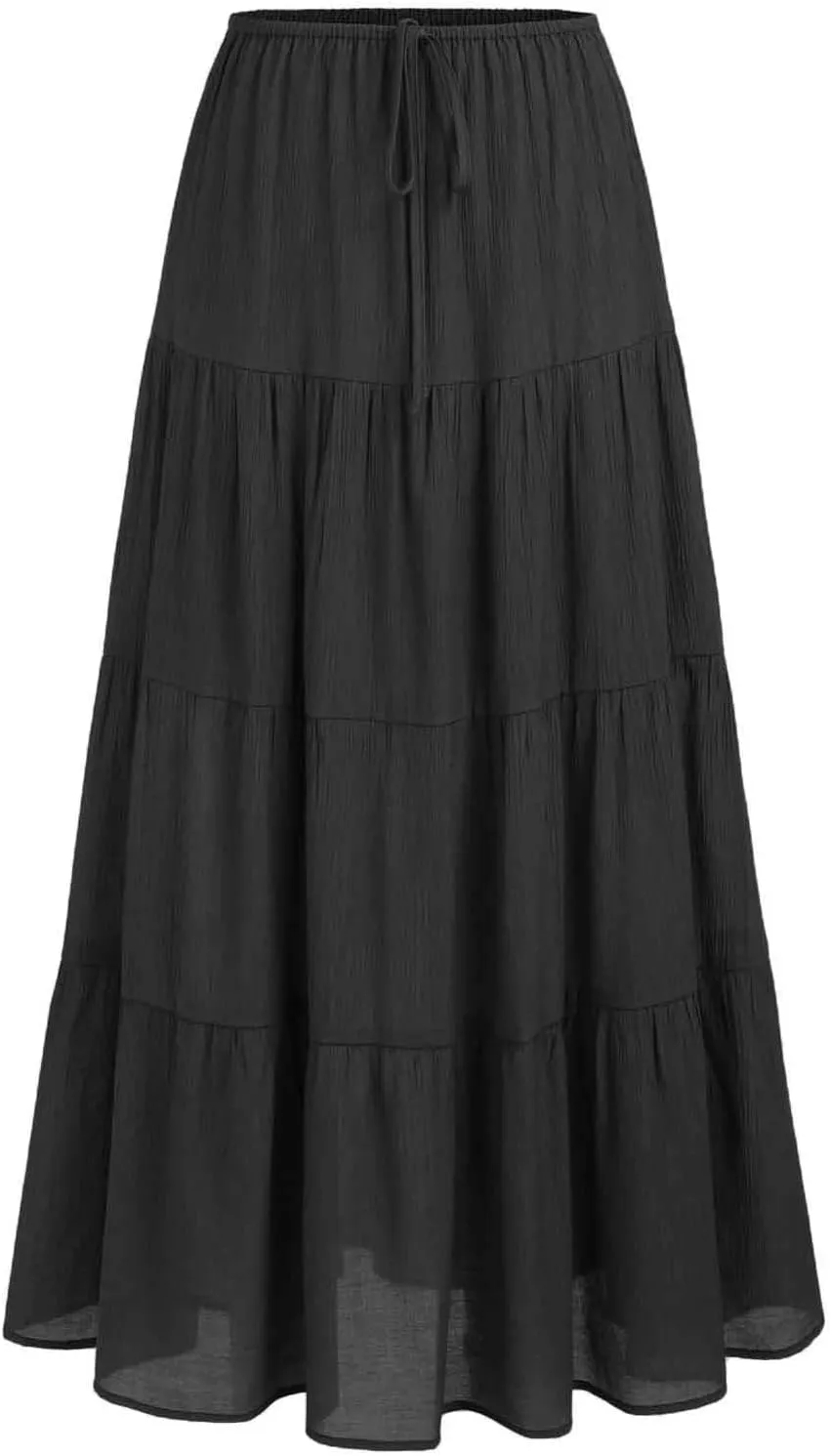 Maxi Skirts for Women Elastic Drawstring Waist Tiered Flowy Pleated Skirts Vacation Summer Solid Ruched Boho Skirt