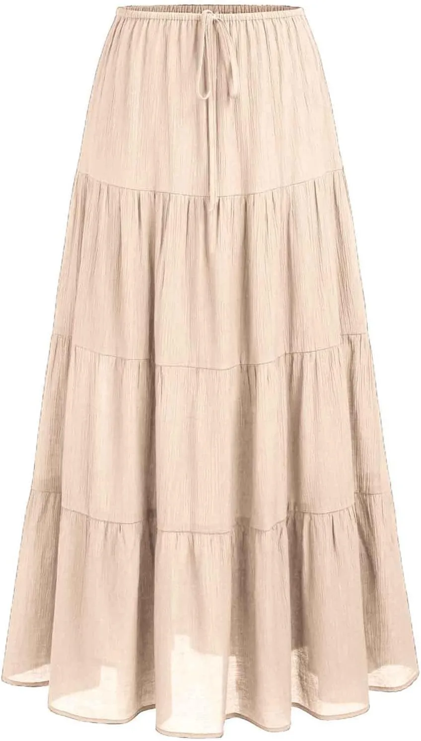 Maxi Skirts for Women Elastic Drawstring Waist Tiered Flowy Pleated Skirts Vacation Summer Solid Ruched Boho Skirt