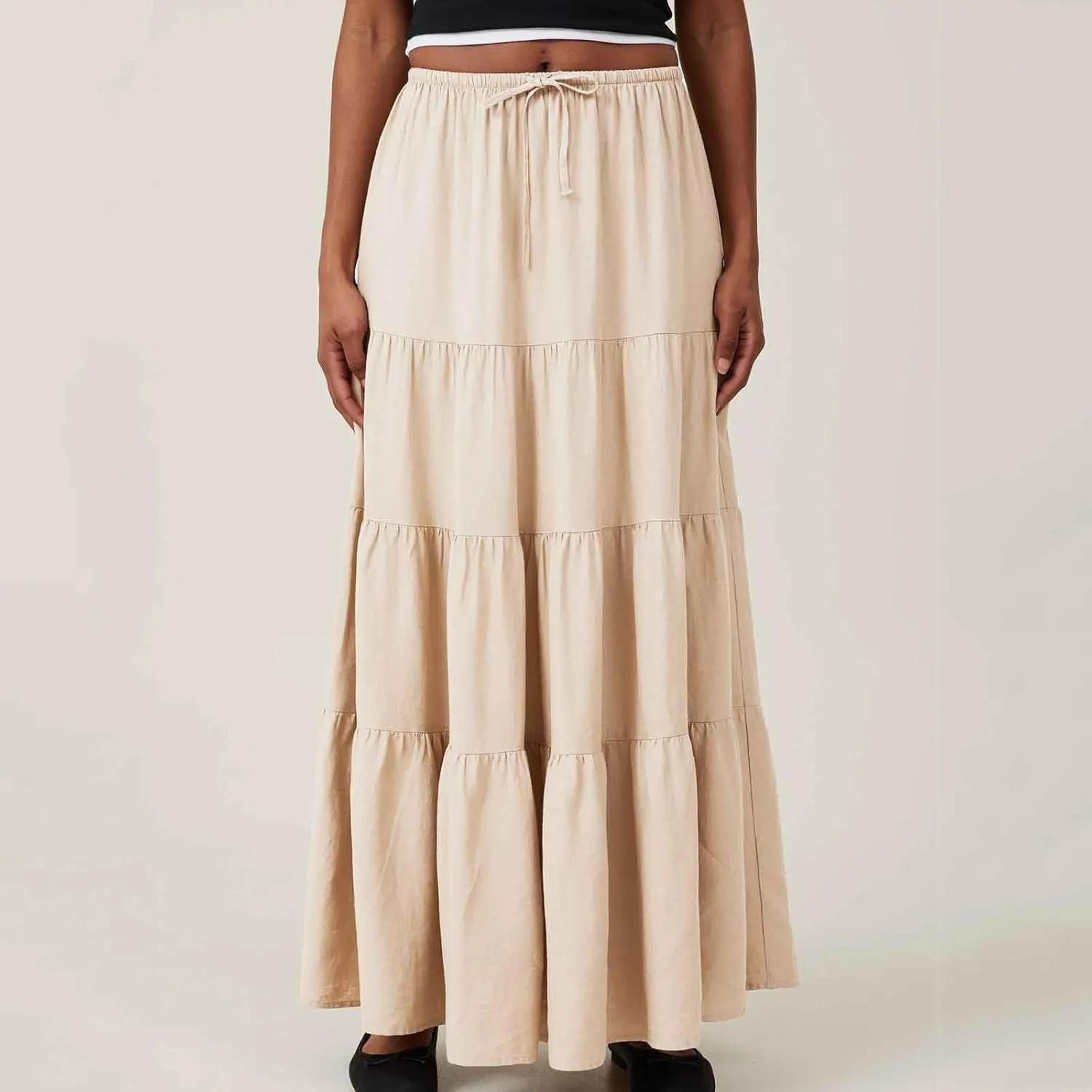 Maxi Skirts for Women Elastic Drawstring Waist Tiered Flowy Pleated Skirts Vacation Summer Solid Ruched Boho Skirt