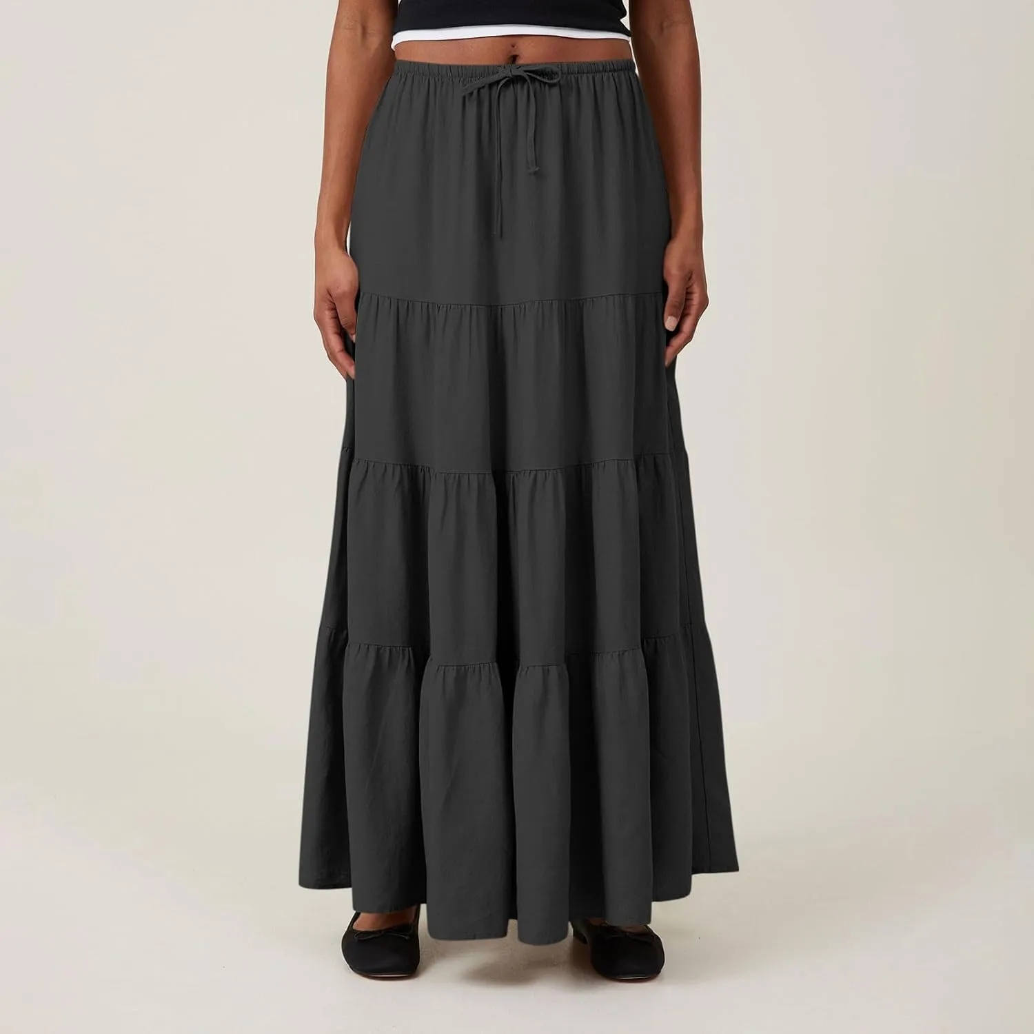Maxi Skirts for Women Elastic Drawstring Waist Tiered Flowy Pleated Skirts Vacation Summer Solid Ruched Boho Skirt