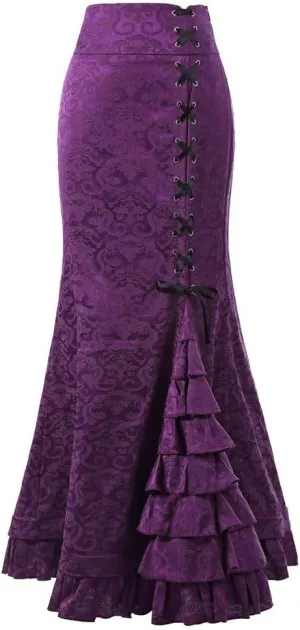 Maxi Skirts for Women Steampunk Renaissance Gothic Medieval Lace Up Tiered Ruffle Fishtail Pencil Bodycon Long Skirt
