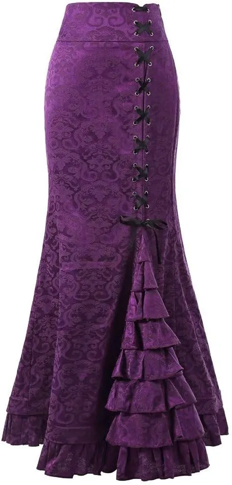 Maxi Skirts for Women Steampunk Renaissance Gothic Medieval Lace Up Tiered Ruffle Fishtail Pencil Bodycon Long Skirt