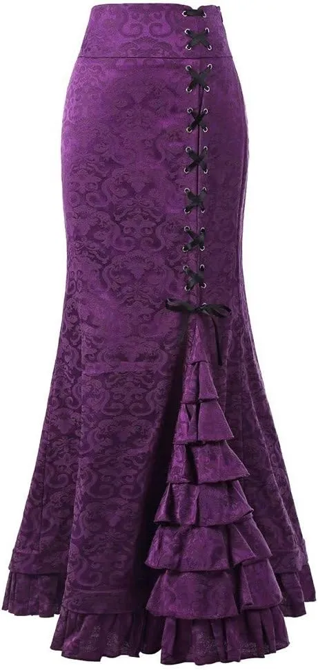 Maxi Skirts for Women Steampunk Renaissance Gothic Medieval Lace Up Tiered Ruffle Fishtail Pencil Bodycon Long Skirt