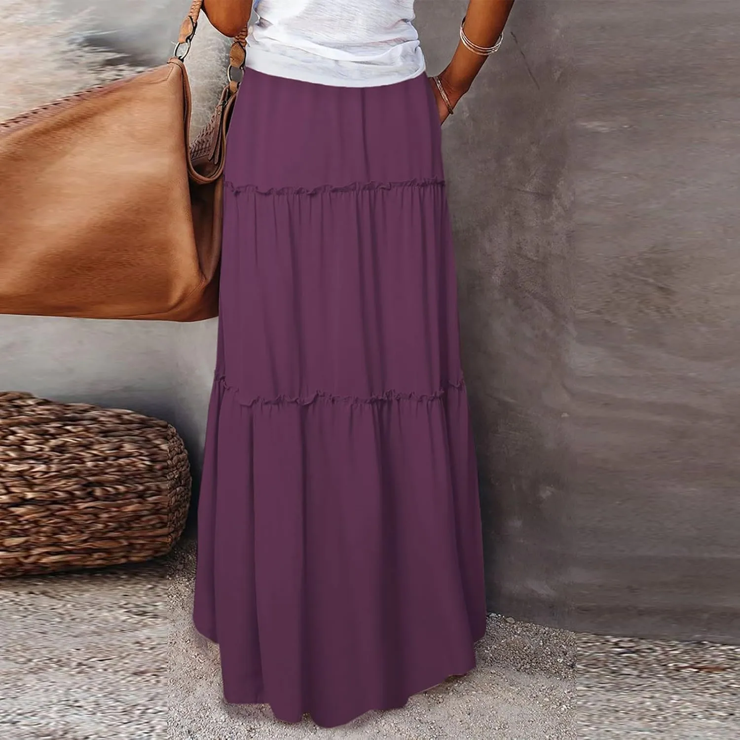Maxi Solid Skirts for Women High Waisted Tiered Skirt A Line Pleated Swing Tie Front Flowy Long Skirt with Pockets
