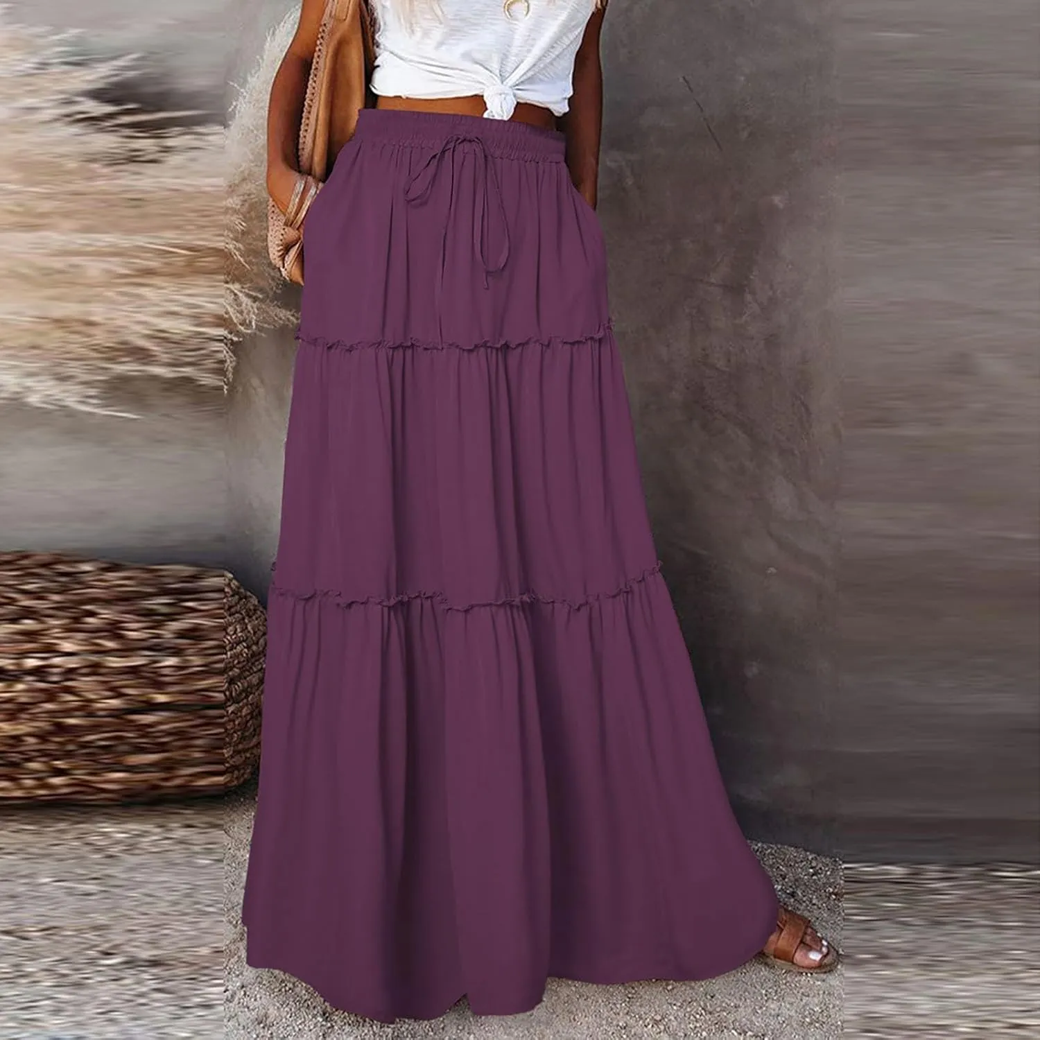 Maxi Solid Skirts for Women High Waisted Tiered Skirt A Line Pleated Swing Tie Front Flowy Long Skirt with Pockets