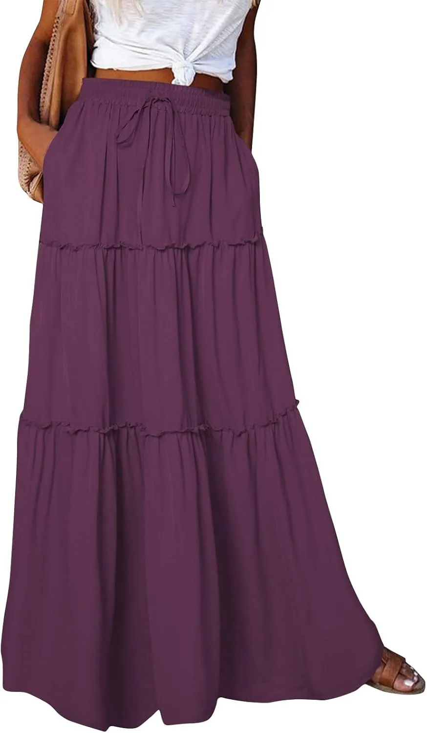 Maxi Solid Skirts for Women High Waisted Tiered Skirt A Line Pleated Swing Tie Front Flowy Long Skirt with Pockets
