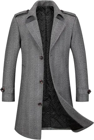 Men Single Breasted Wool Trench Coat Lapel Collar Warm Winter Overcoat Mid Length Classic Pea Coats with Pockets