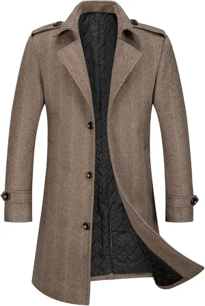 Men Single Breasted Wool Trench Coat Lapel Collar Warm Winter Overcoat Mid Length Classic Pea Coats with Pockets