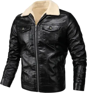 Mens Casual Sherpa Fleece Lined Pu Leather Jackets Motorcycle Bomber Thicken Cargo Coats Big and Tall L-5XL