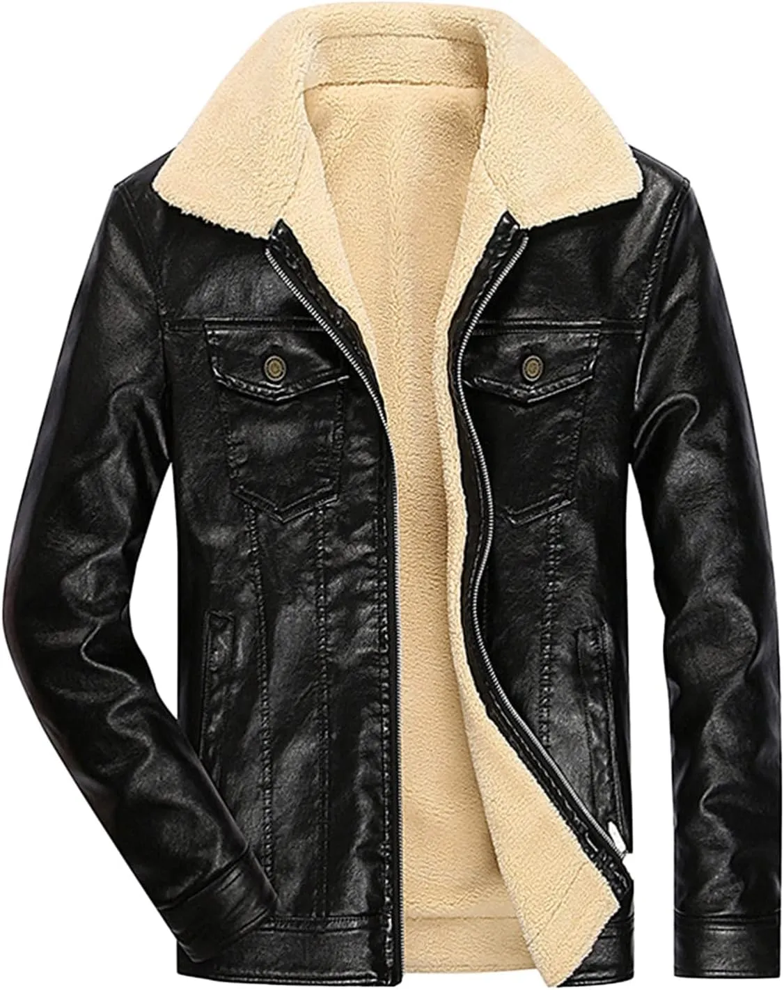 Mens Casual Sherpa Fleece Lined Pu Leather Jackets Motorcycle Bomber Thicken Cargo Coats Big and Tall L-5XL