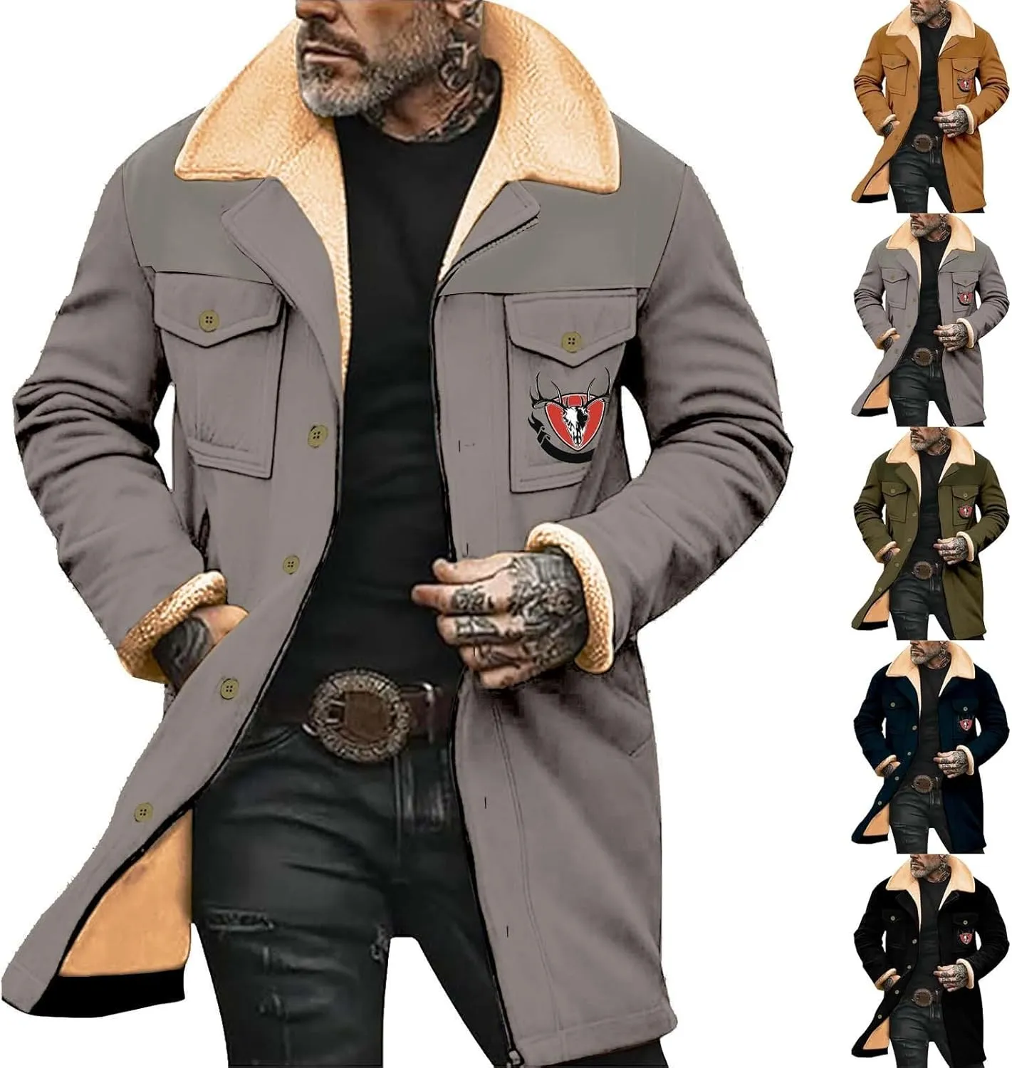 Mens Coat Jacket Stand Collar Punk Biker Leather Jacket Notch Lapel Overcoat Plus Size Wool Blend Coats Pea Coat Big