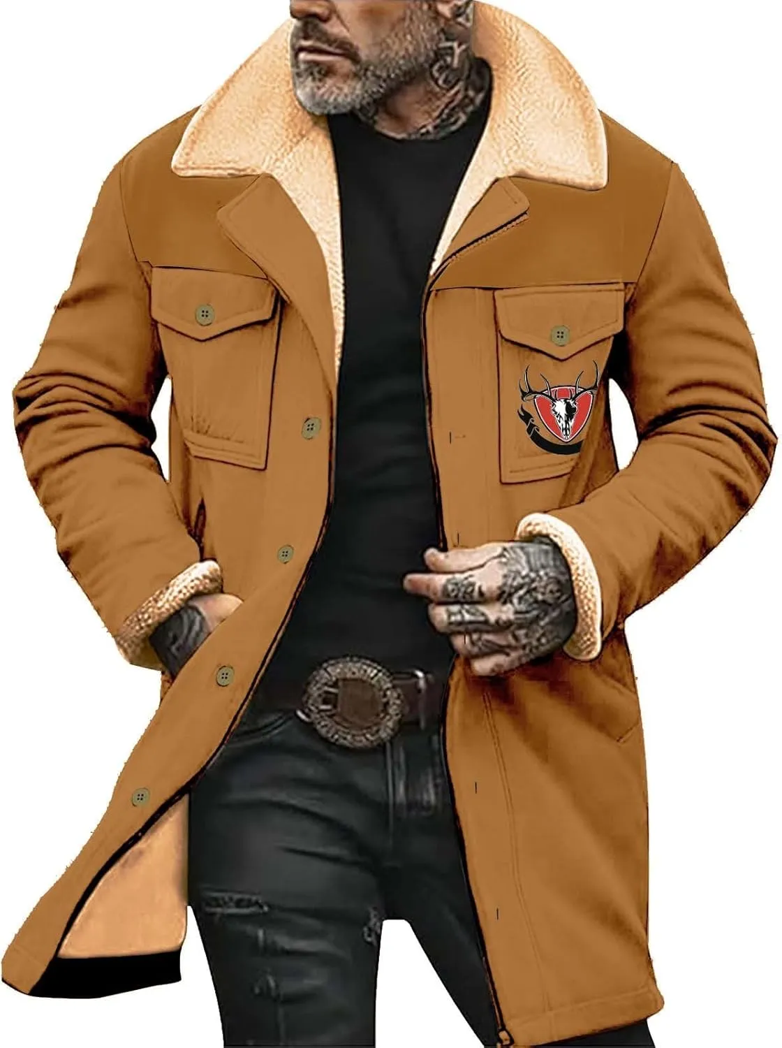 Mens Coat Jacket Stand Collar Punk Biker Leather Jacket Notch Lapel Overcoat Plus Size Wool Blend Coats Pea Coat Big