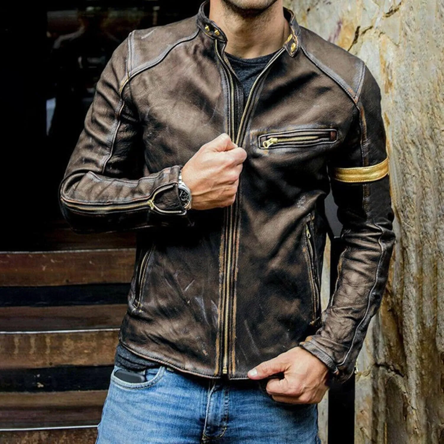 Mens Coat Jacket Stand Collar Punk Biker Leather Jacket Notch Lapel Overcoat Plus Size Wool Blend Coats Pea Coat Big