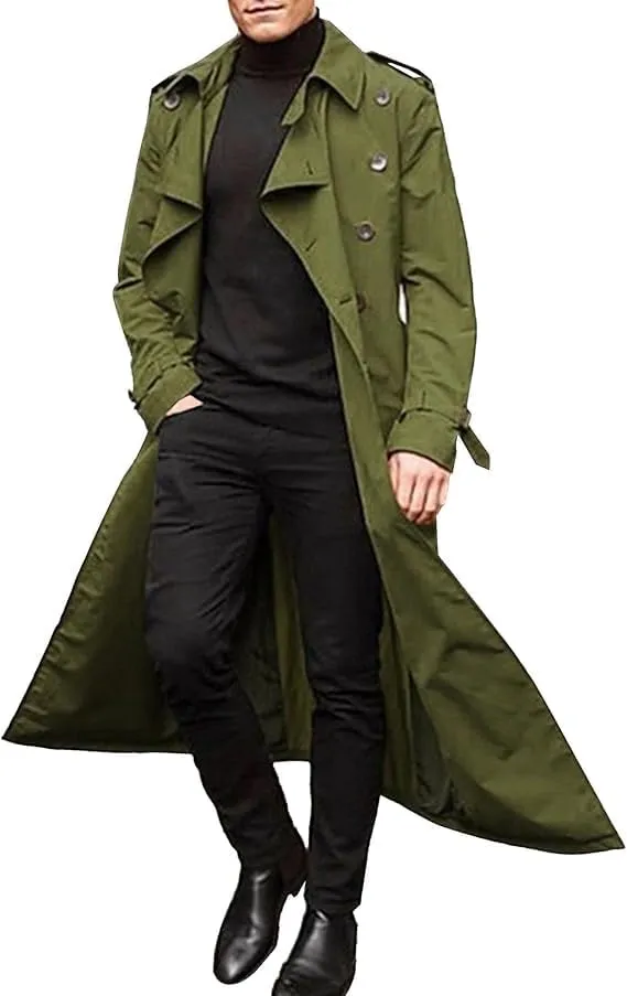 Men's Double Breasted Trench Coat Casual Slim Fit Long Jacket Lightweight Windproof Overcoat Windbreaker