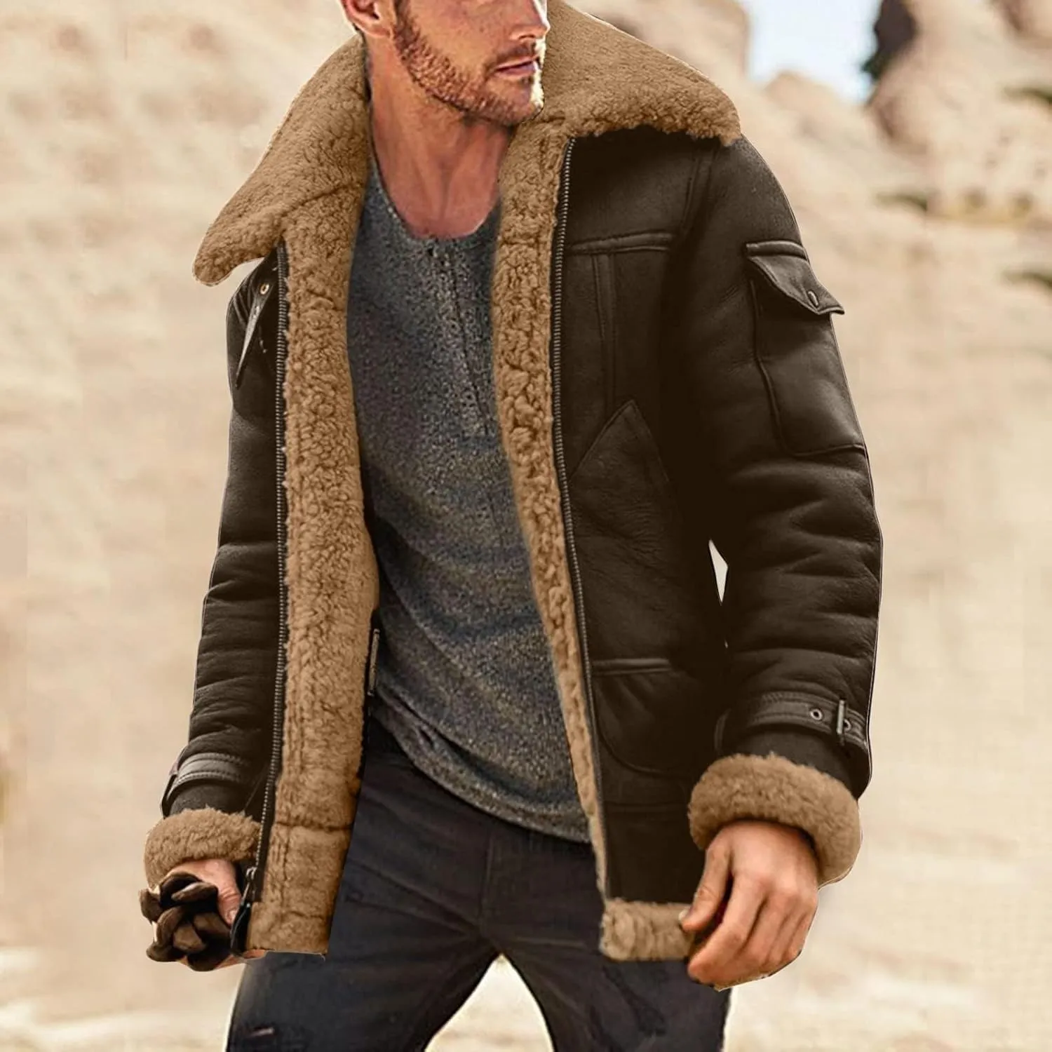 Men's Faux Leather Sherpa Fleece Lined Jackets Wool Blend Trench Coat Bomber Coat Heavyweight Suede Faux Fur Coats