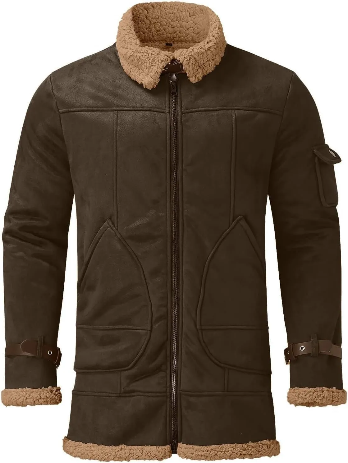 Men's Faux Leather Sherpa Fleece Lined Jackets Wool Blend Trench Coat Bomber Coat Heavyweight Suede Faux Fur Coats