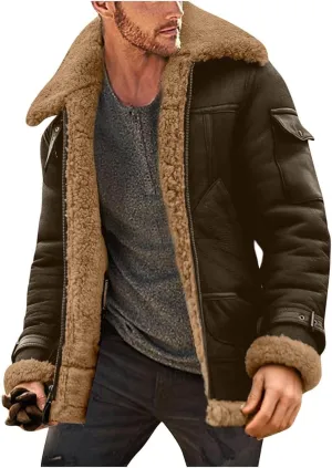 Men's Faux Leather Sherpa Fleece Lined Jackets Wool Blend Trench Coat Bomber Coat Heavyweight Suede Faux Fur Coats