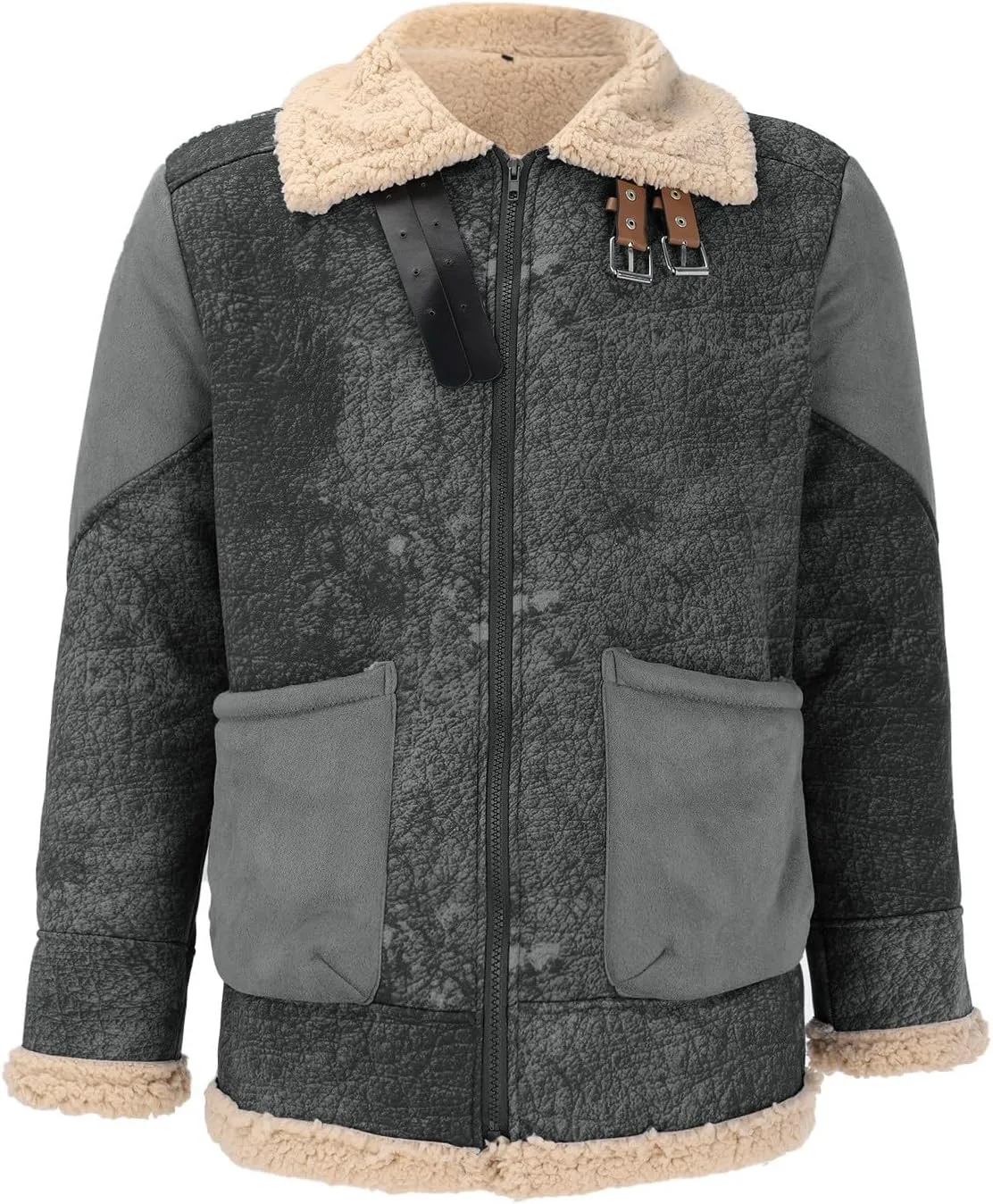 Mens Faux Suede Varsity Bomber Jacket Turn-Down Collar Zip Up Trucker Jackets Winter Warm Sherpa Lined Jacket Coats