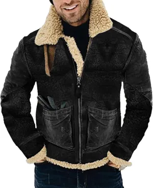 Mens Faux Suede Varsity Bomber Jacket Turn-Down Collar Zip Up Trucker Jackets Winter Warm Sherpa Lined Jacket Coats