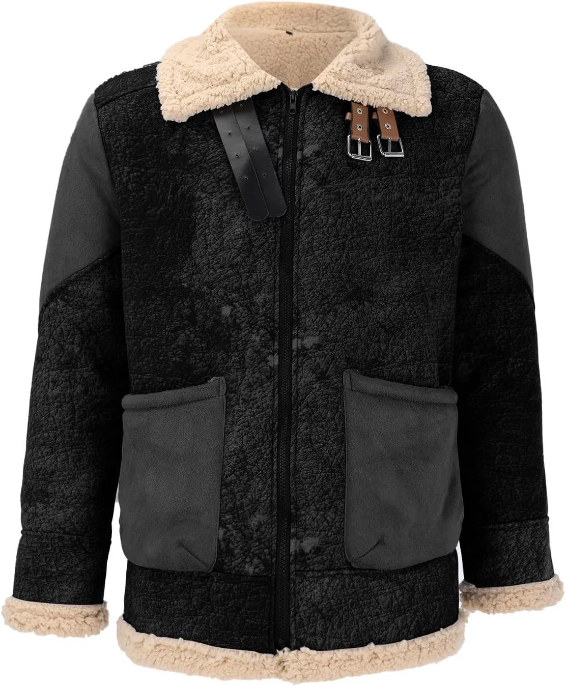 Mens Faux Suede Varsity Bomber Jacket Turn-Down Collar Zip Up Trucker Jackets Winter Warm Sherpa Lined Jacket Coats