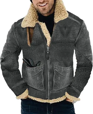 Mens Faux Suede Varsity Bomber Jacket Turn-Down Collar Zip Up Trucker Jackets Winter Warm Sherpa Lined Jacket Coats