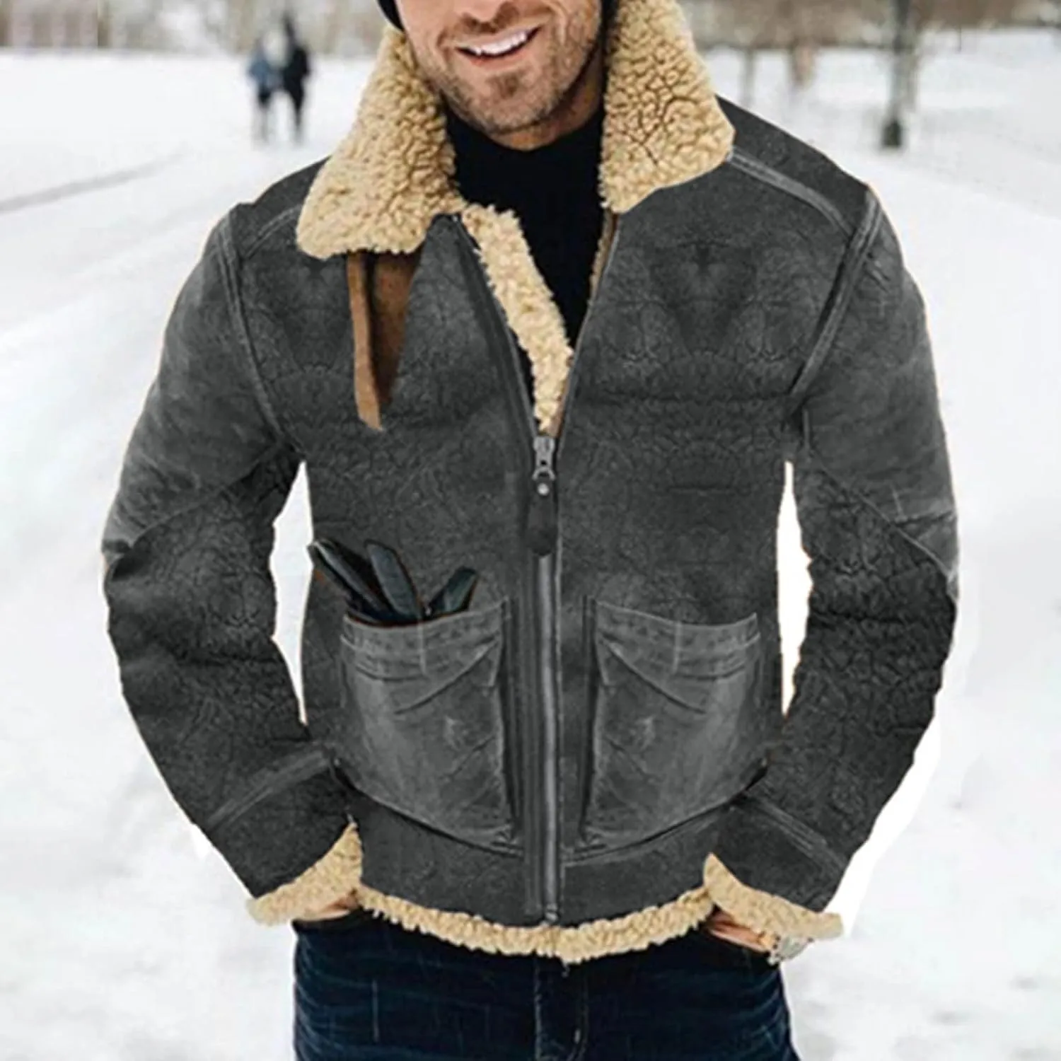 Mens Faux Suede Varsity Bomber Jacket Turn-Down Collar Zip Up Trucker Jackets Winter Warm Sherpa Lined Jacket Coats