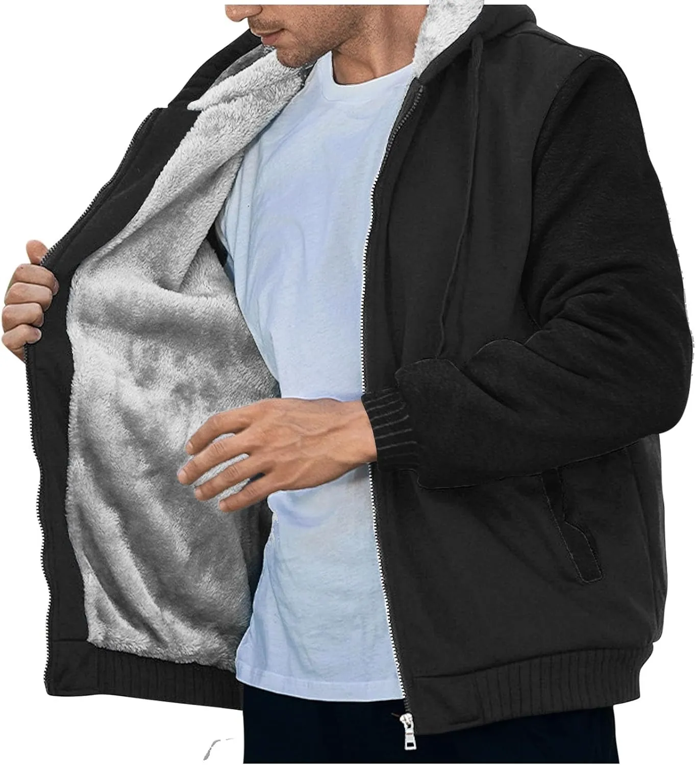 Mens Fleece Lined Warm Jackets Zip Up Hooded Track Jackets Color Block Furry Comfy Thermal Sherpa Winter Coats
