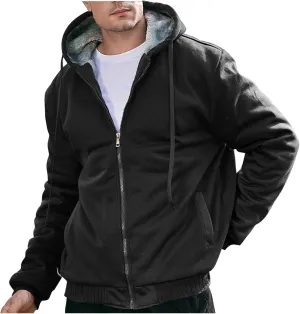 Mens Fleece Lined Warm Jackets Zip Up Hooded Track Jackets Color Block Furry Comfy Thermal Sherpa Winter Coats