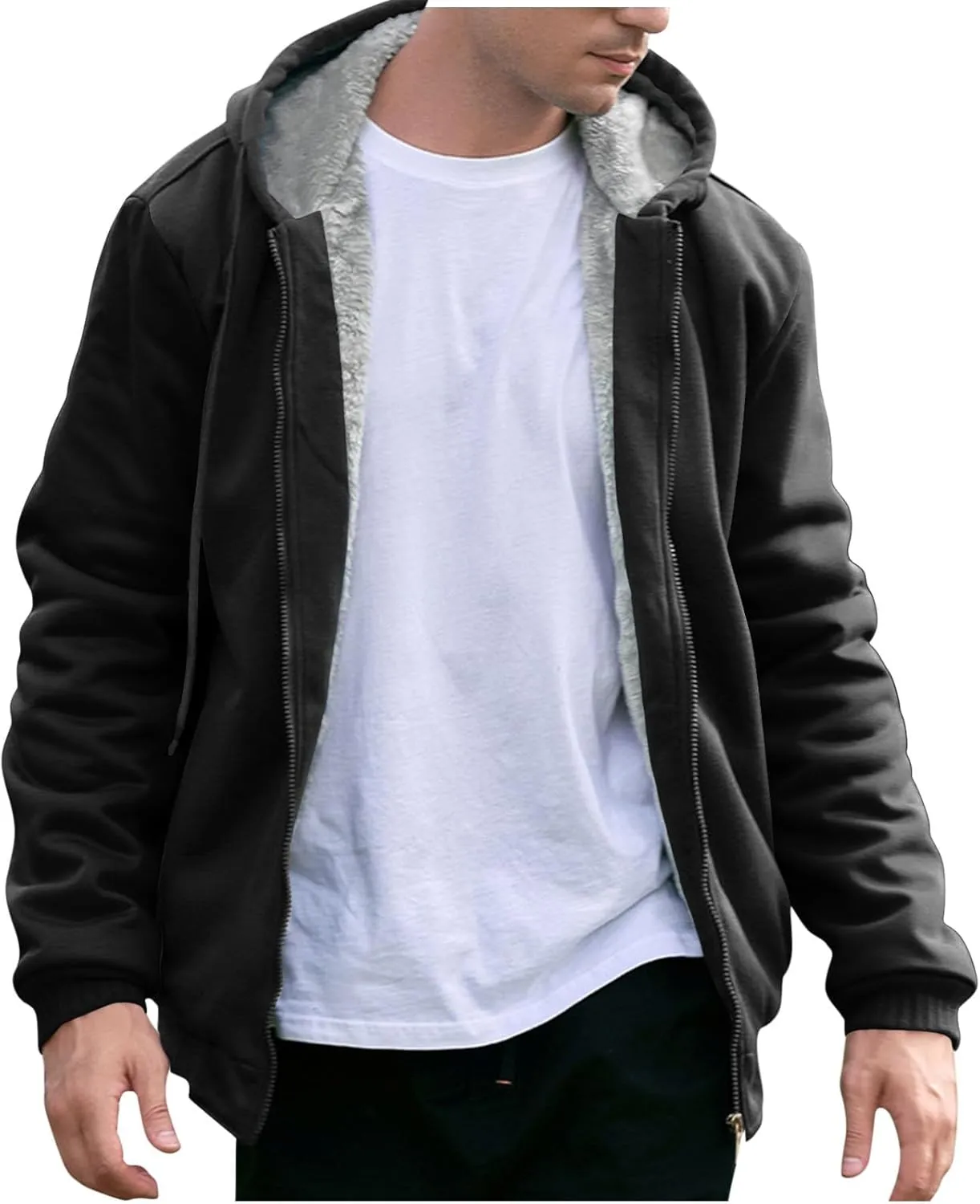 Mens Fleece Lined Warm Jackets Zip Up Hooded Track Jackets Color Block Furry Comfy Thermal Sherpa Winter Coats