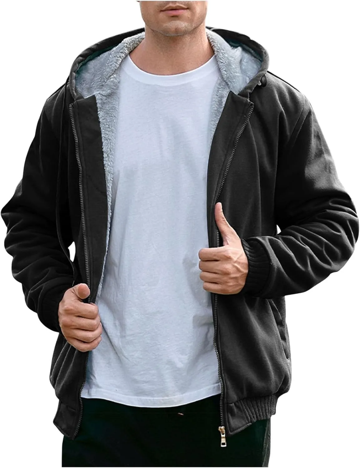 Mens Fleece Lined Warm Jackets Zip Up Hooded Track Jackets Color Block Furry Comfy Thermal Sherpa Winter Coats