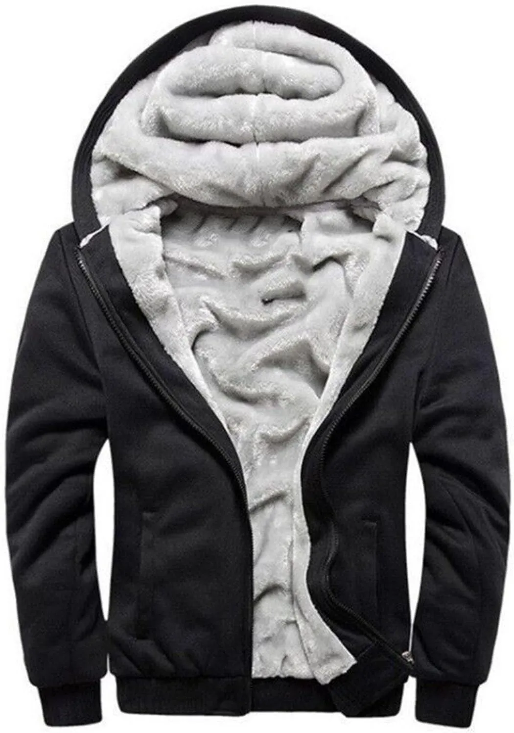 Mens Fleece Lined Warm Jackets Zip Up Hooded Track Jackets Color Block Furry Comfy Thermal Sherpa Winter Coats