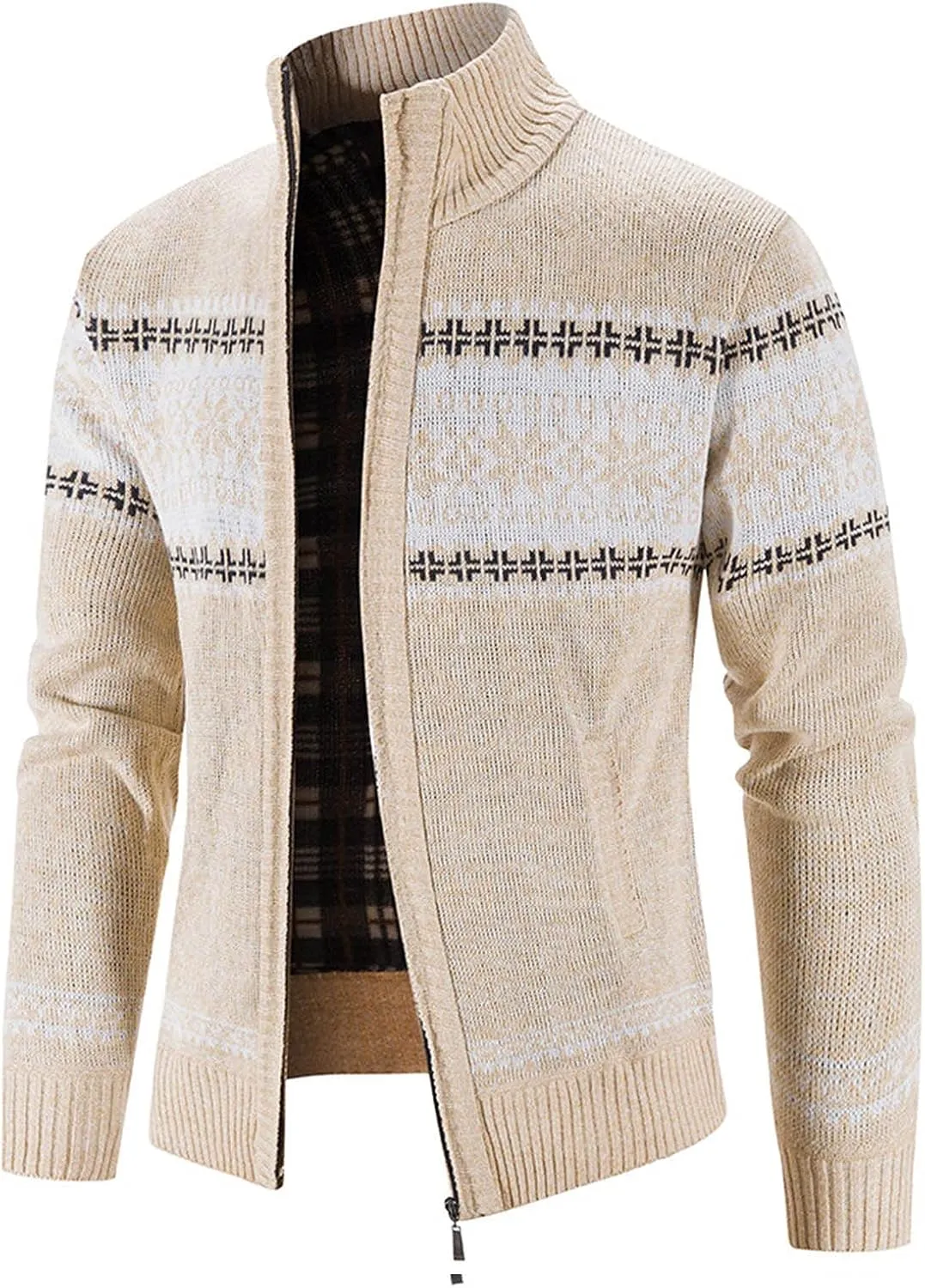 Mens Heavy Warm Sherpa Fleece Lined Stripe Hoodie Jackets Zip Up Thick Cable Knitted Cardigan Sweater Coats