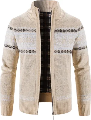 Mens Heavy Warm Sherpa Fleece Lined Stripe Hoodie Jackets Zip Up Thick Cable Knitted Cardigan Sweater Coats