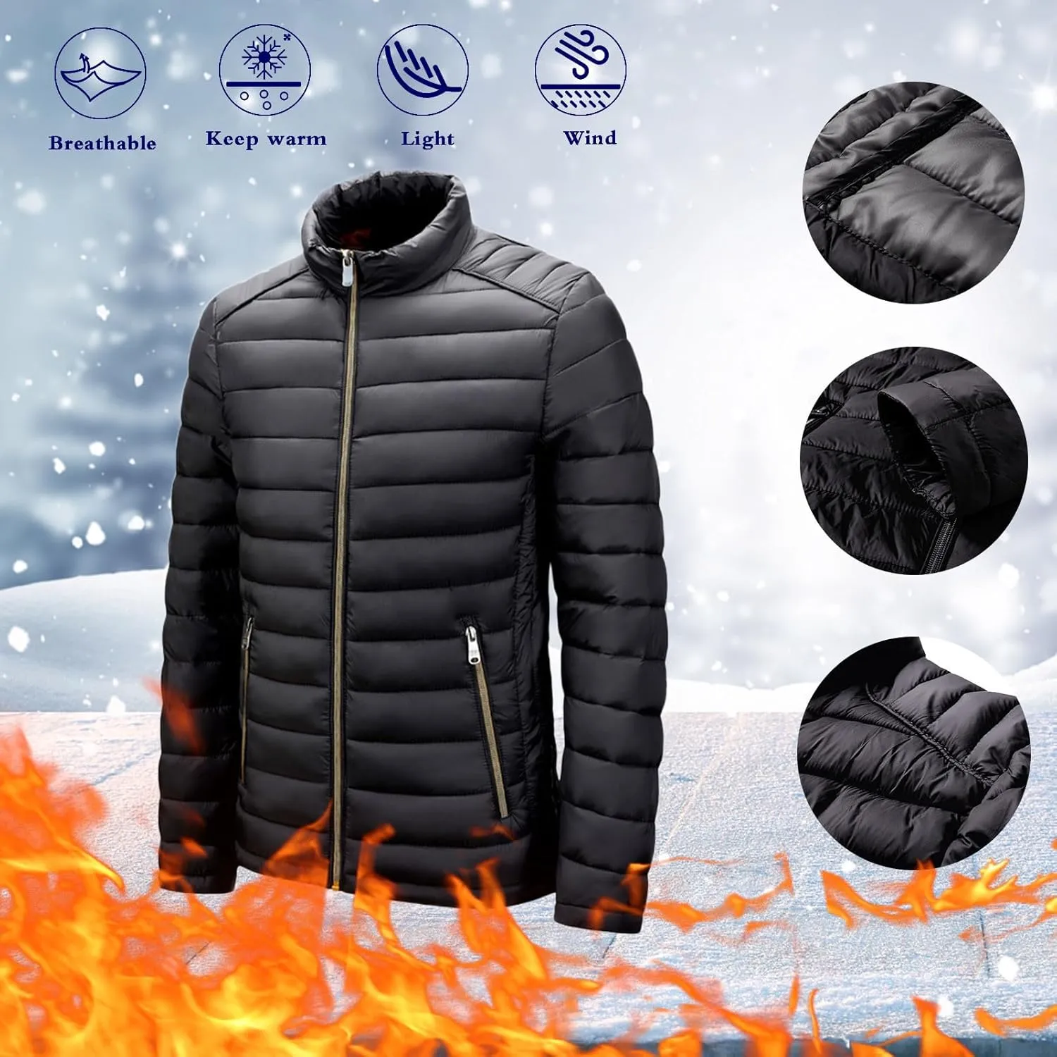 Men's Lightweight Puffer Jacket Men's Plush Autumn&Winter Color Long Solid Jacket Hooded Windproof Insulated Jacket