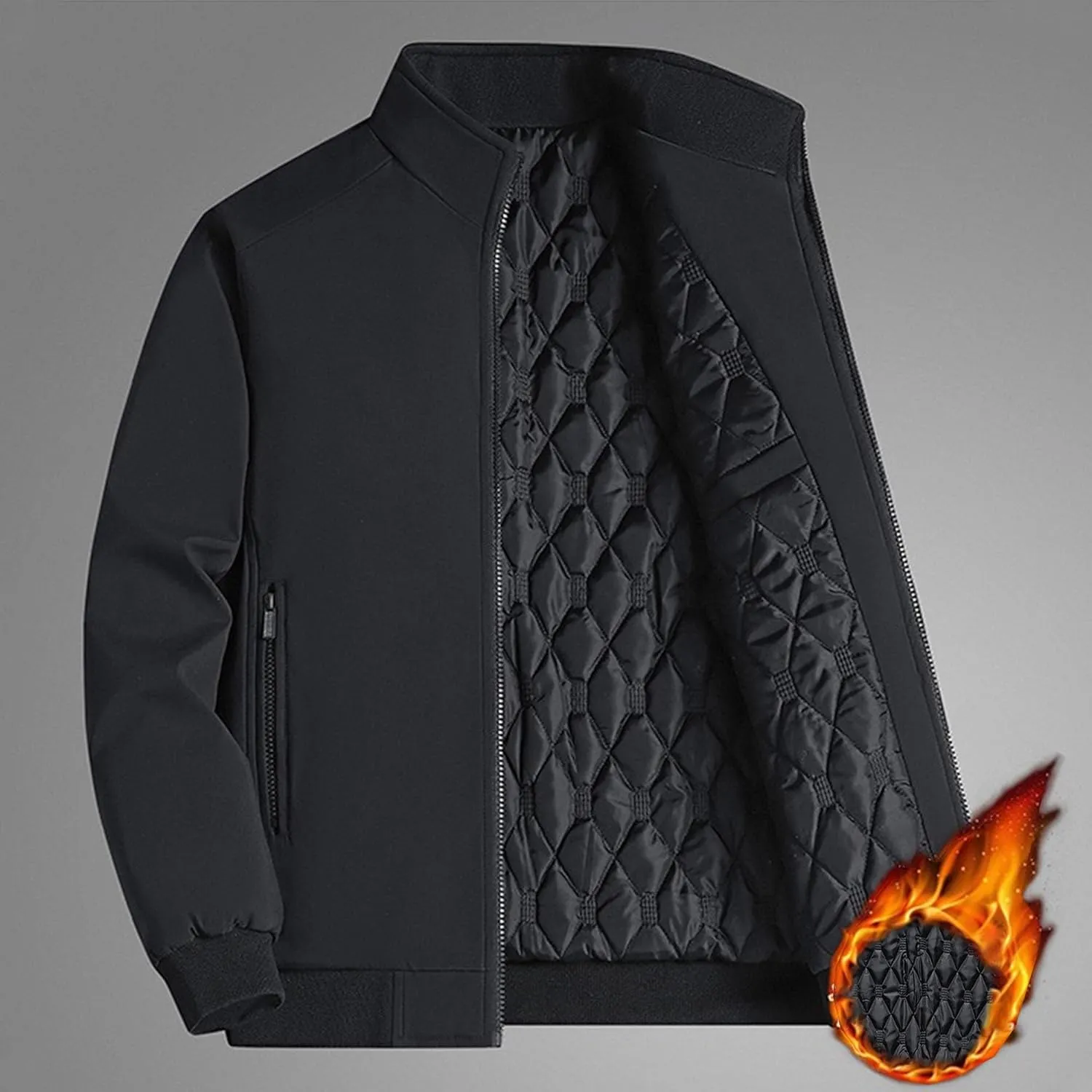Men's Quilted Lined Bomber Jacket Casual Fall Winter Warm Windbreaker Full Zip Windproof Outwear Padded Coats